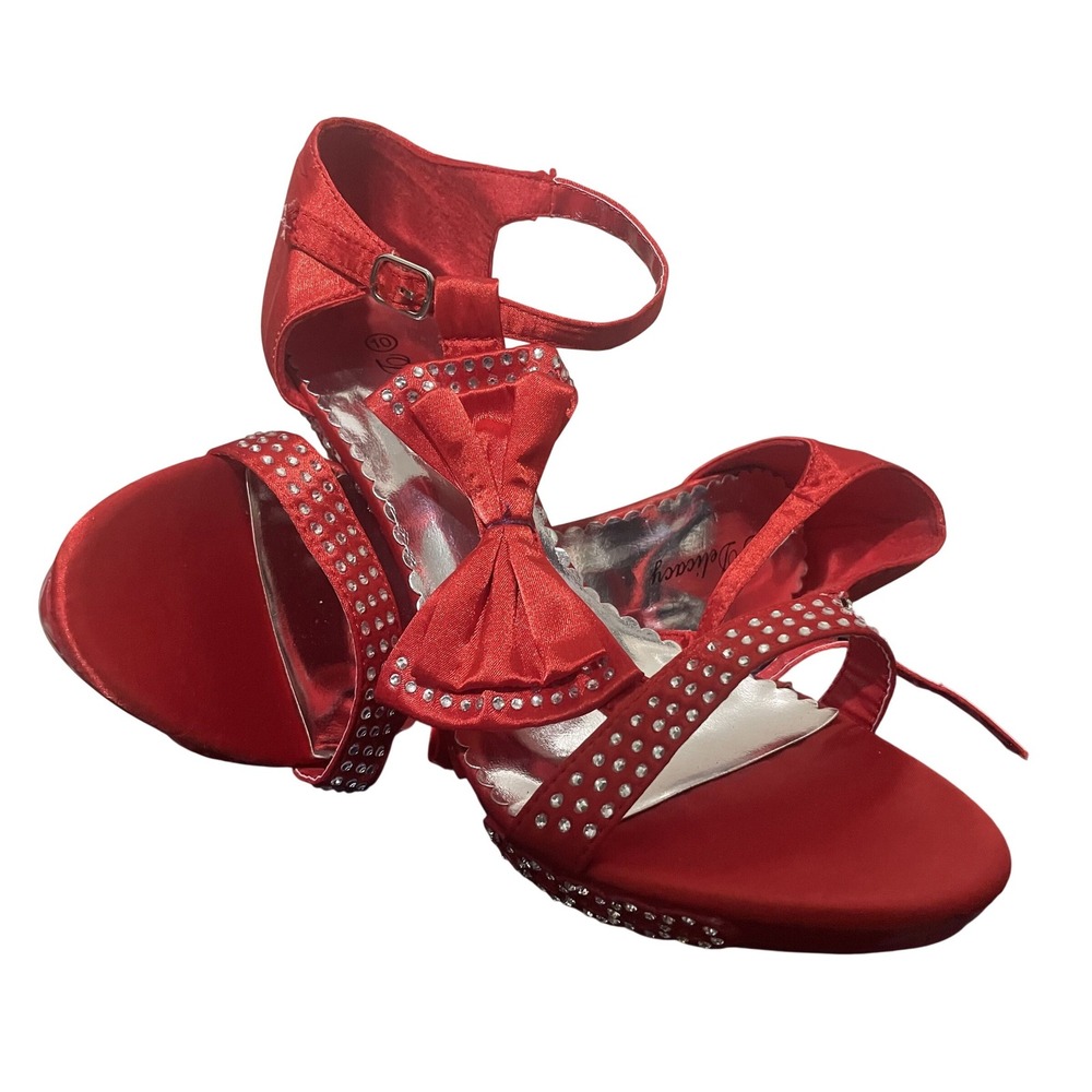 Delicacy Red Satin Rhinestone Bow Platform Stiletto Heels Ankle Strap Sandals 10